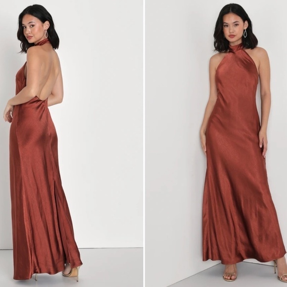 LULU's Sexy Prom Wedding Bridesmaid Satin Open Back Halter Maxi Dress NWOT - Picture 1 of 5
